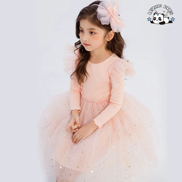 LEZONKIDS - Customizable Chic Ruffle Sleeve Long Sleeves Dress Girls Costume Gold Foil Print Tulle Dress for Girl